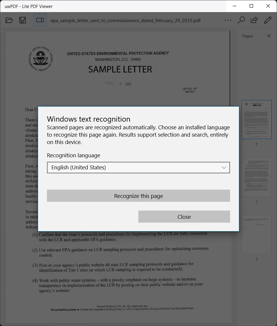Windows 离线文字识别对话框，包含已安装的识别语言选择