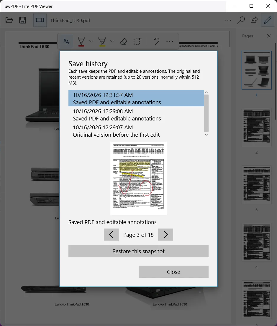 uwPDF 保存历史 实际界面